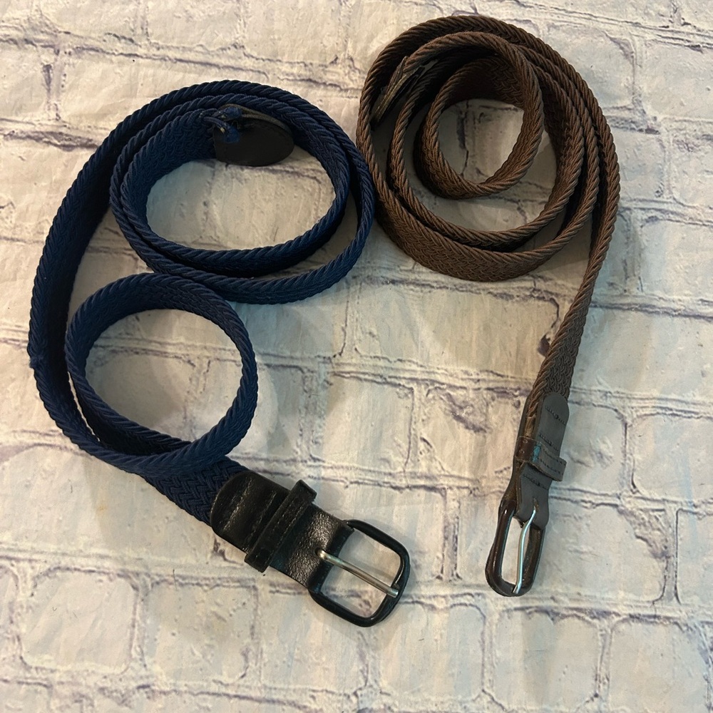 Lot Of (2) Men Vintage Brown And Navy Woven Stretch Belts Covered Buckles View 2
